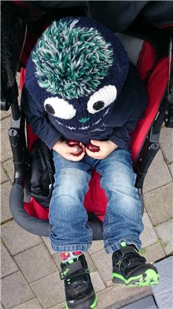 Wir sind wieder zu Haue, Ich hab schon wieder Kastanien gesammelt. Die Augen gehören übrigens zu meiner Mütze und nicht zu mir. DSC_0433.jpg